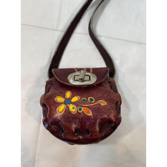 VTG Mini Tooled Leather Purse Mexico Crossbody Bag Stamped Painted - Picture 13 of 13